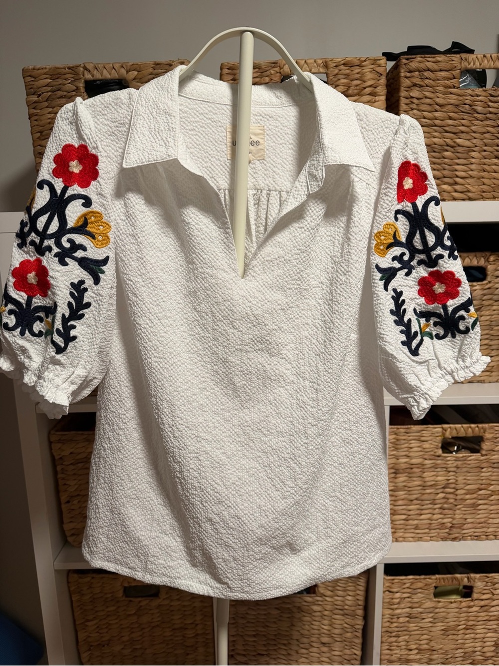 Umgee White Textured Blouse with Red, Yellow & Navy Embroidered Puff Sleeves